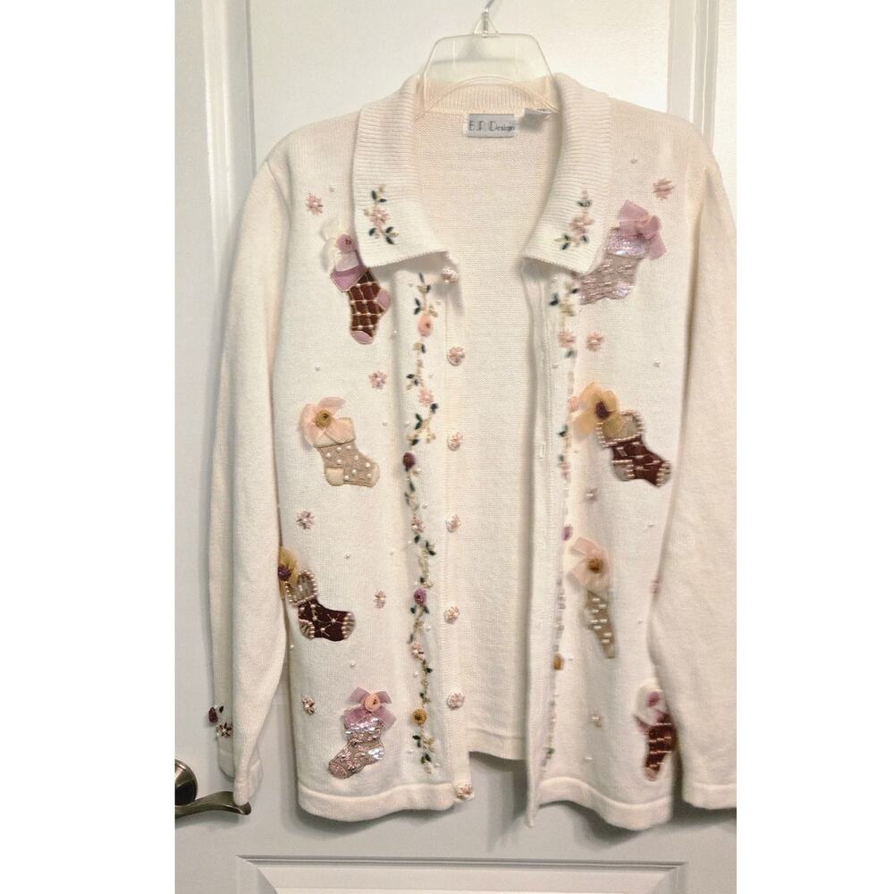 Vintage Christmas Holiday Womens Knit Cardigan Beaded Ivory Large